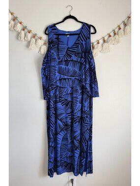 Chico's Leaf Print Jersey Overlap Sleeveless Maxi Dress Blue Tropical Beachy 16